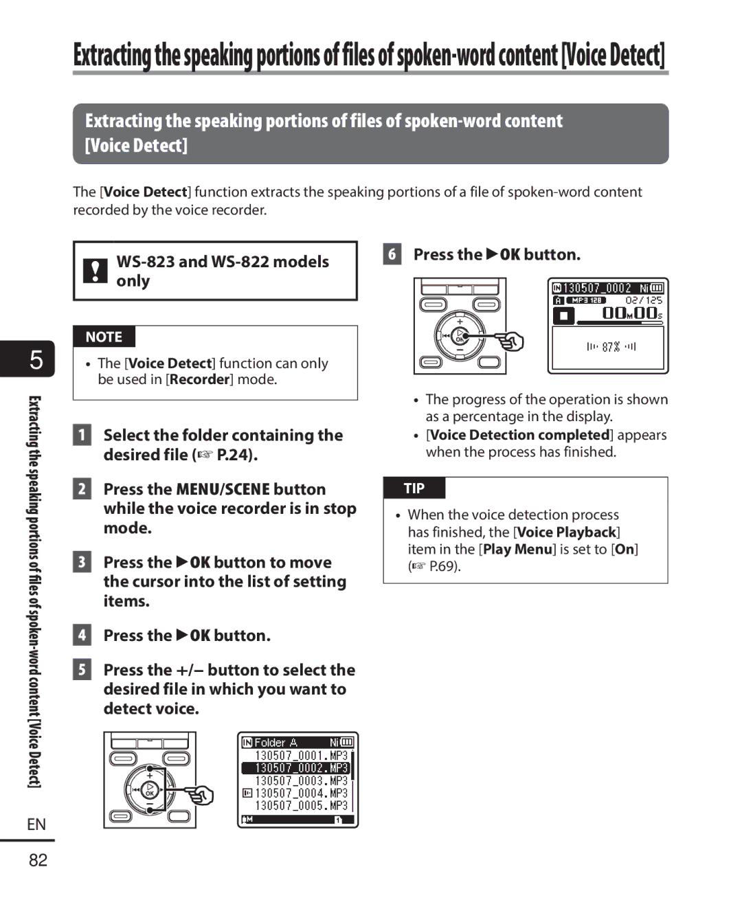 Olympus WS-821, WS-823, WS-822 user manual Voice Detect function can only be used in Recorder mode 