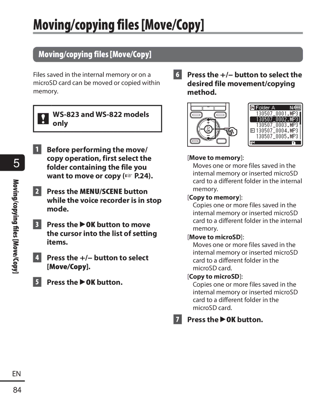 Olympus WS-823, WS-821, WS-822 user manual Moving/copying files Move/Copy 