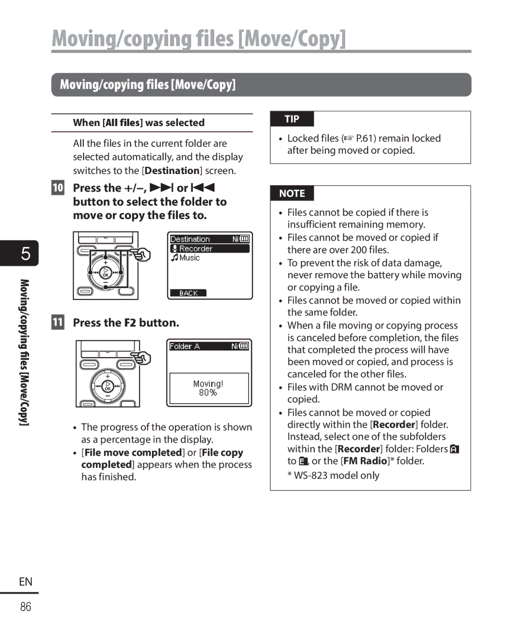 Olympus WS-822, WS-823, WS-821 user manual Press the F2 button, When All files was selected 