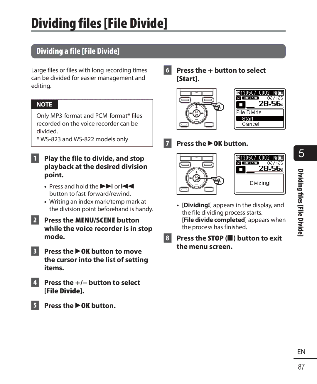 Olympus WS-823, WS-821, WS-822 user manual Dividing files File Divide, Dividing a file File Divide 