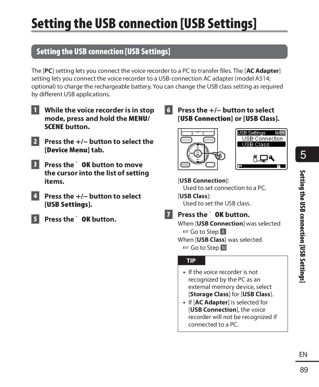 Olympus WS-822, WS-823, WS-821 user manual Setting the USB connection USB Settings, USB Connection 