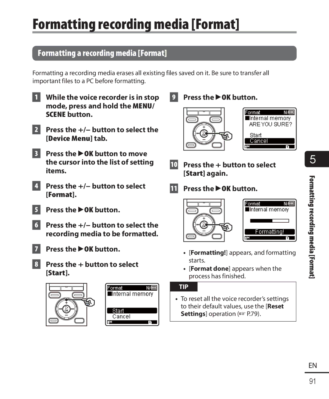 Olympus WS-821, WS-823, WS-822 user manual Formatting recording media Format, Formatting a recording media Format 