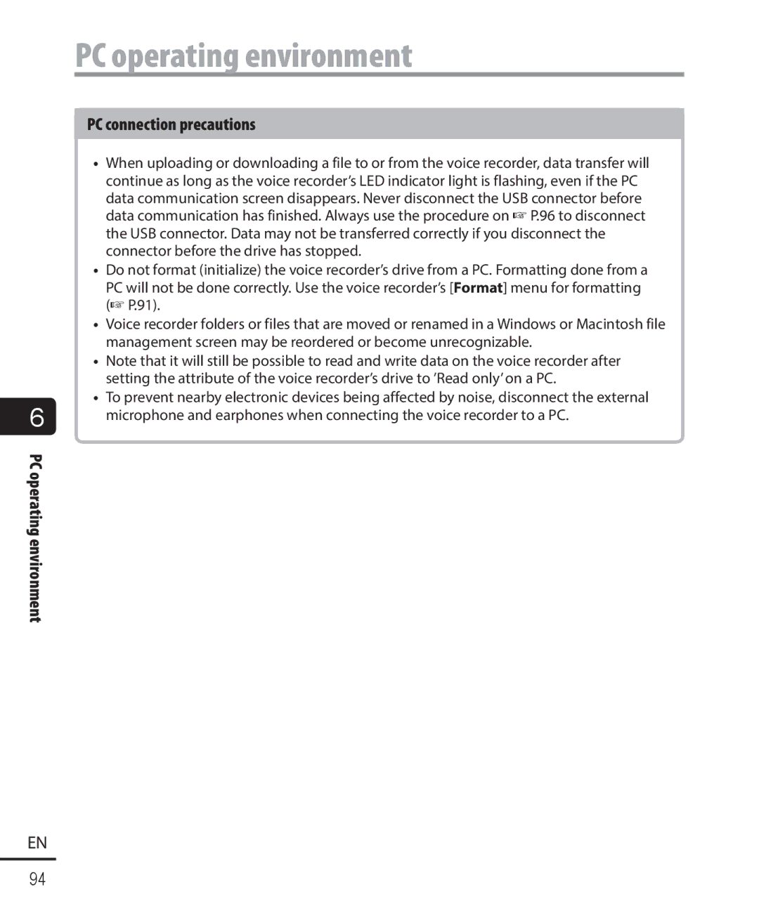 Olympus WS-821, WS-823, WS-822 user manual PC operating environment, PC connection precautions 