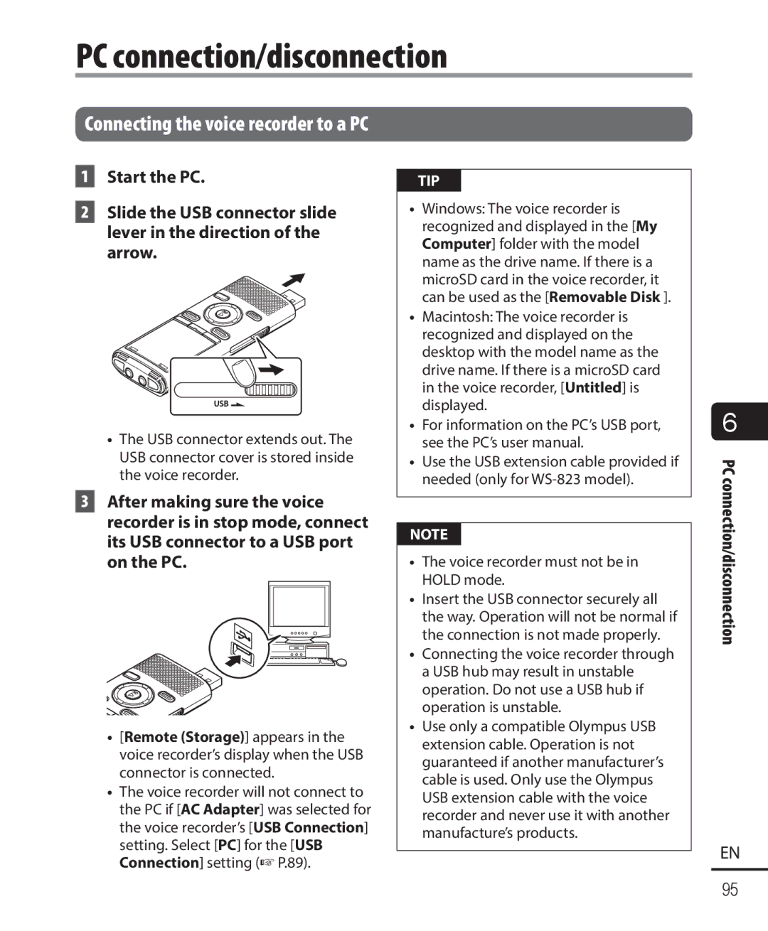 Olympus WS-822, WS-823, WS-821 user manual PC connection/disconnection 