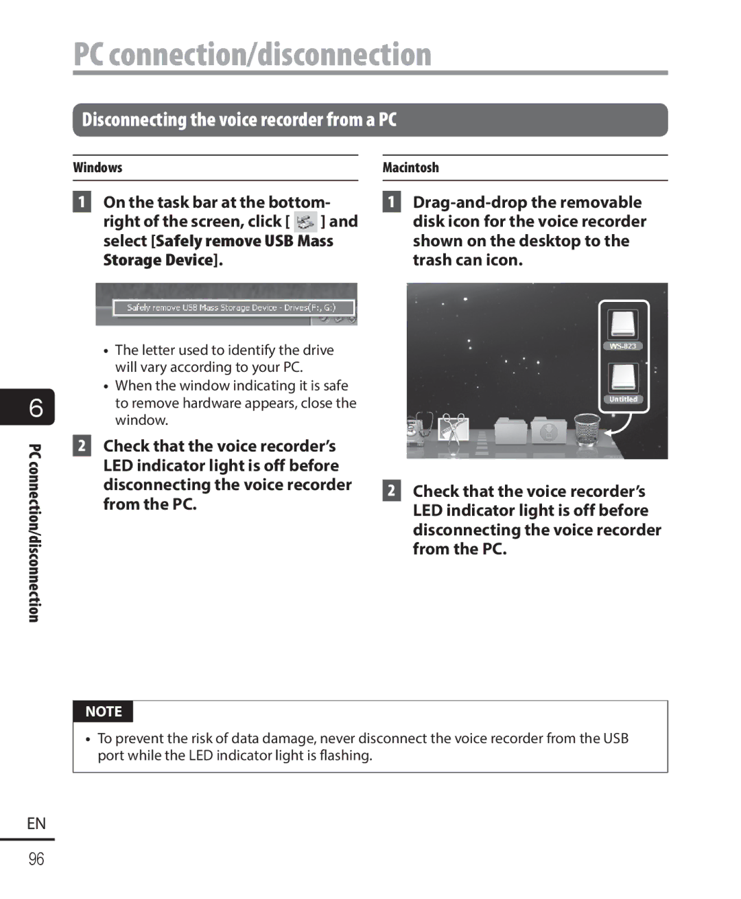 Olympus WS-823, WS-821, WS-822 user manual PC connection/disconnection, Disconnecting the voice recorder from a PC, Windows 