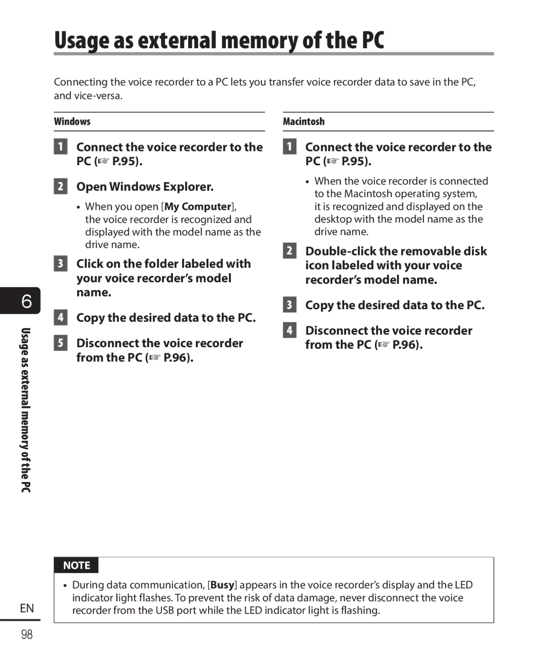 Olympus WS-822, WS-823, WS-821 user manual Usage as external memory of the PC, Connect the voice recorder to the PC P.95 