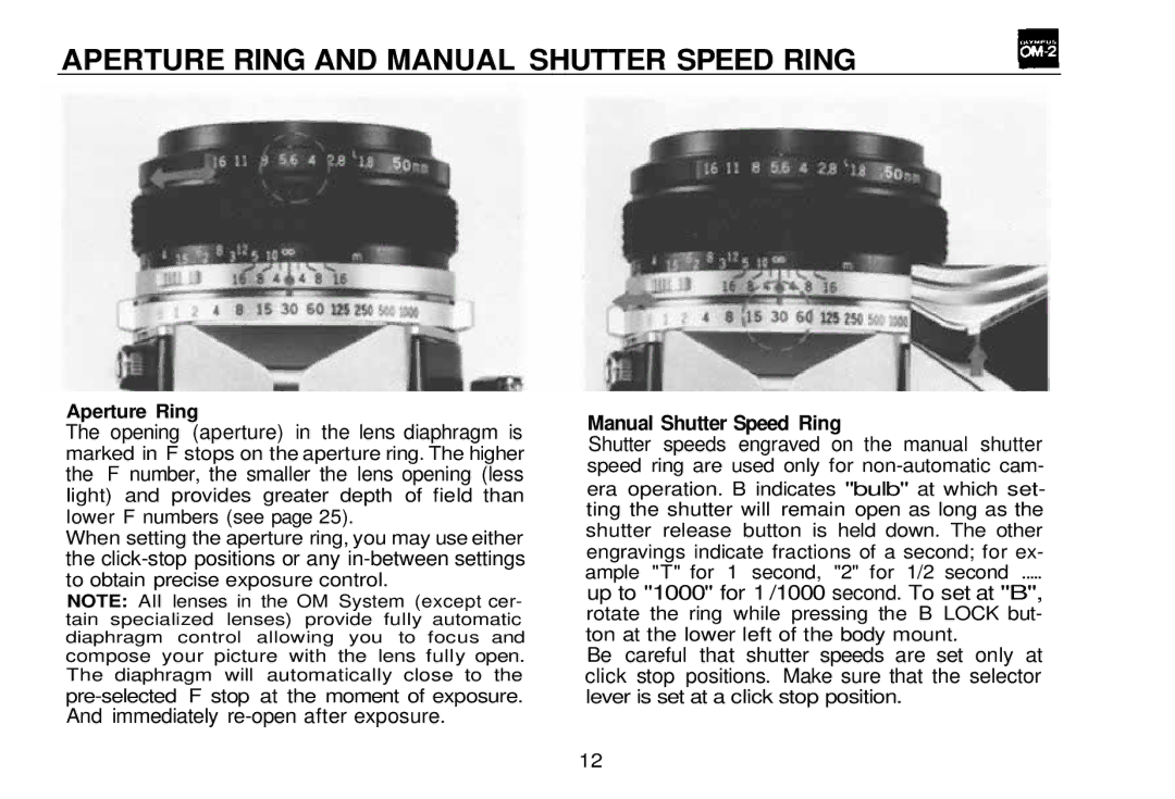 Olympus OM-2, zm2000qdk manual Aperture Ring and Manual Shutter Speed Ring 