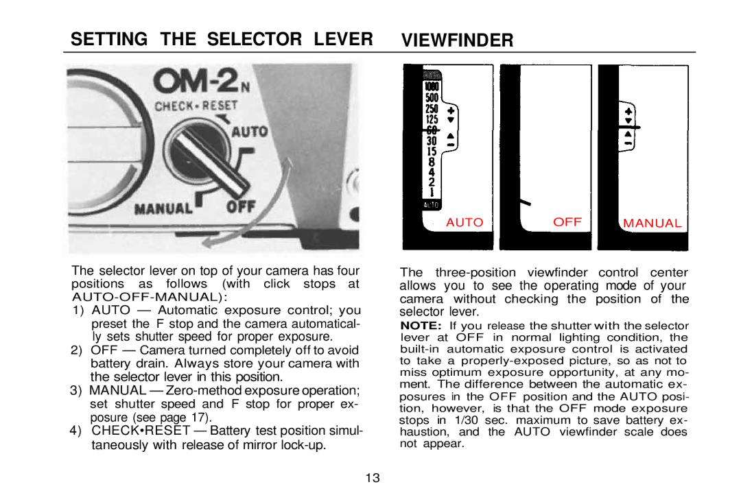 Olympus zm2000qdk, OM-2 manual Setting the Selector Lever Viewfinder 