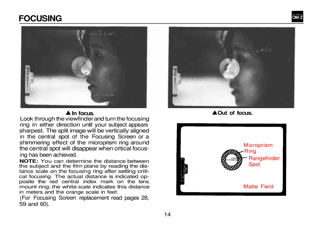 Olympus OM-2, zm2000qdk manual Focusing, Out of focus 