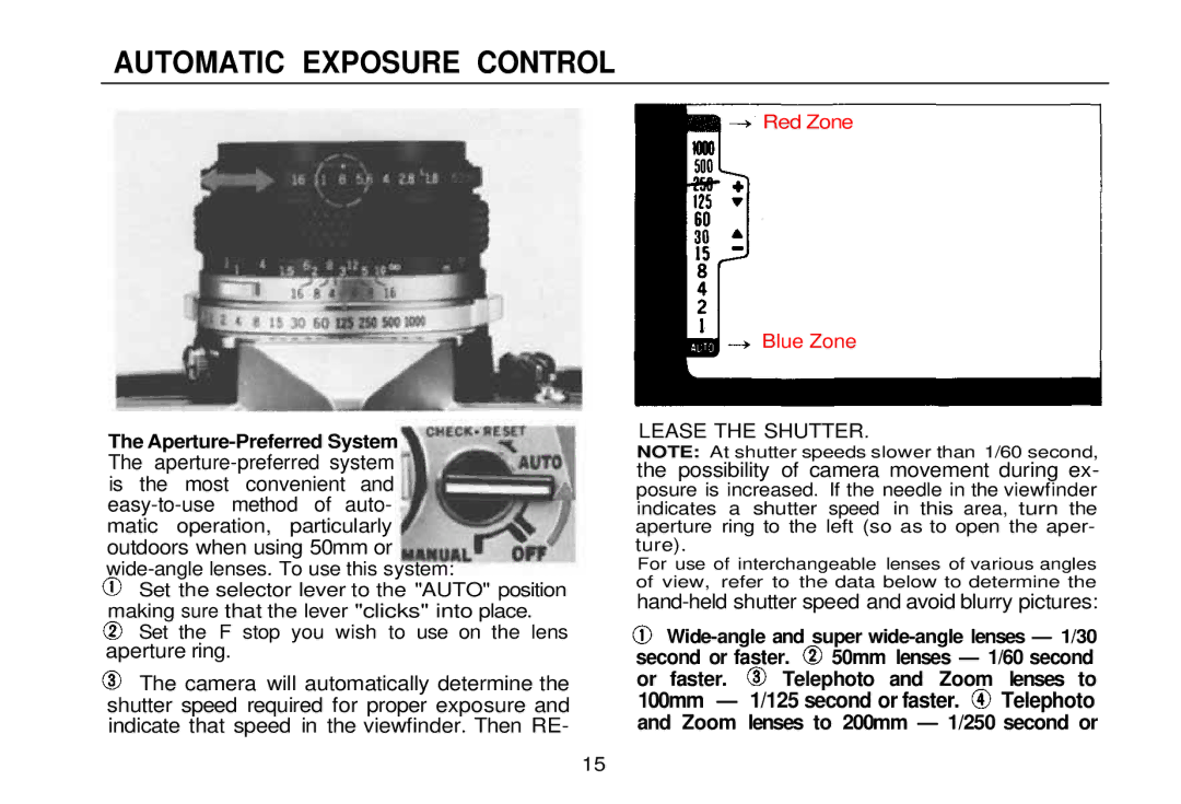 Olympus zm2000qdk, OM-2 manual Automatic Exposure Control, Aperture-Preferred System, Zoom lenses to 200mm 1/250 second or 