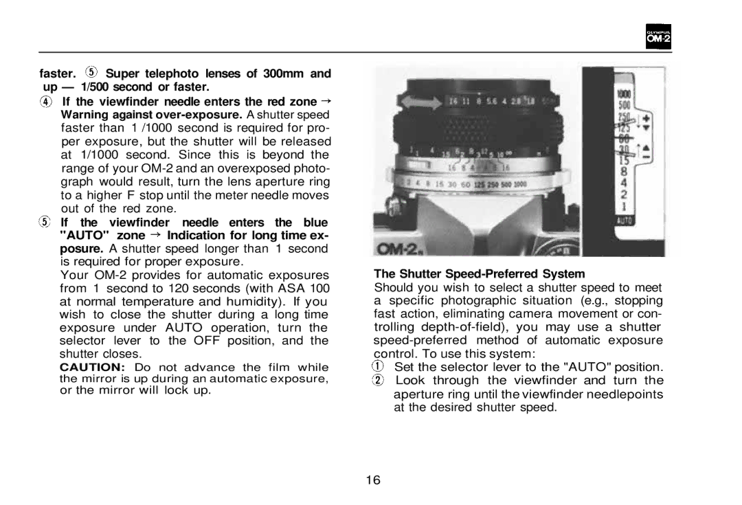 Olympus OM-2, zm2000qdk manual Shutter Speed-Preferred System 