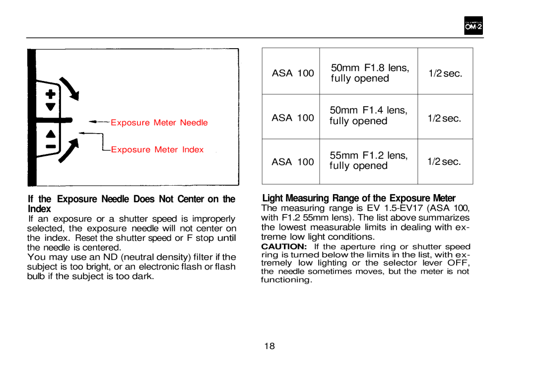 Olympus OM-2, zm2000qdk manual If the Exposure Needle Does Not Center on the Index 