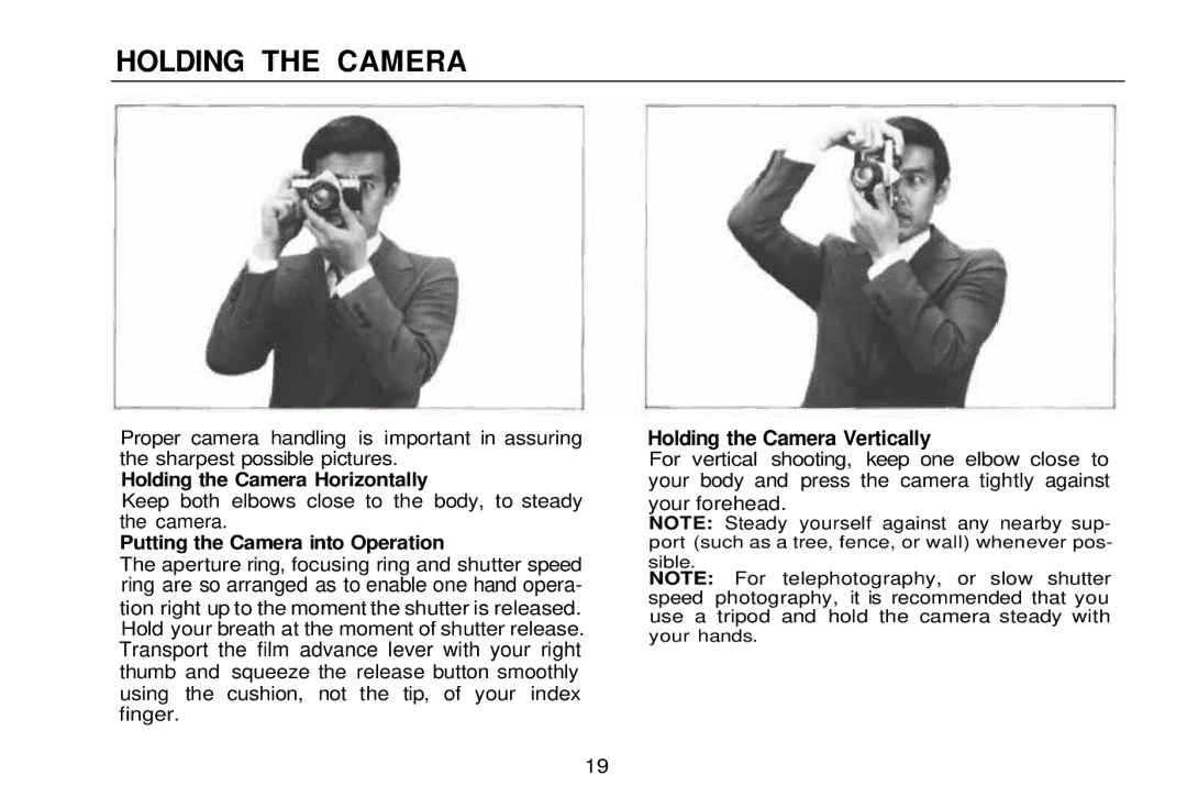 Olympus zm2000qdk Holding the Camera Horizontally, Putting the Camera into Operation, Holding the Camera Vertically 