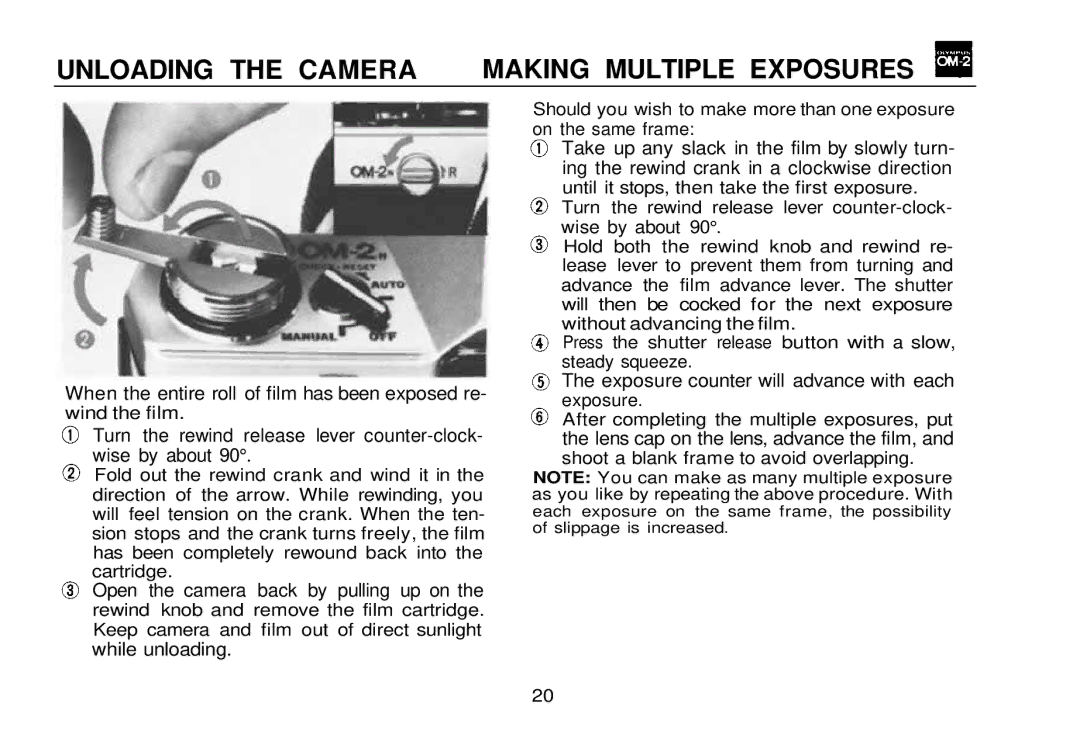 Olympus OM-2, zm2000qdk manual Unloading the Camera Making Multiple Exposures 