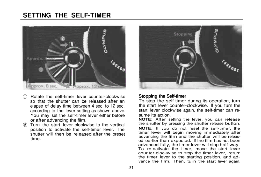 Olympus zm2000qdk, OM-2 manual Setting the SELF-TIMER, Stopping the Self-timer 