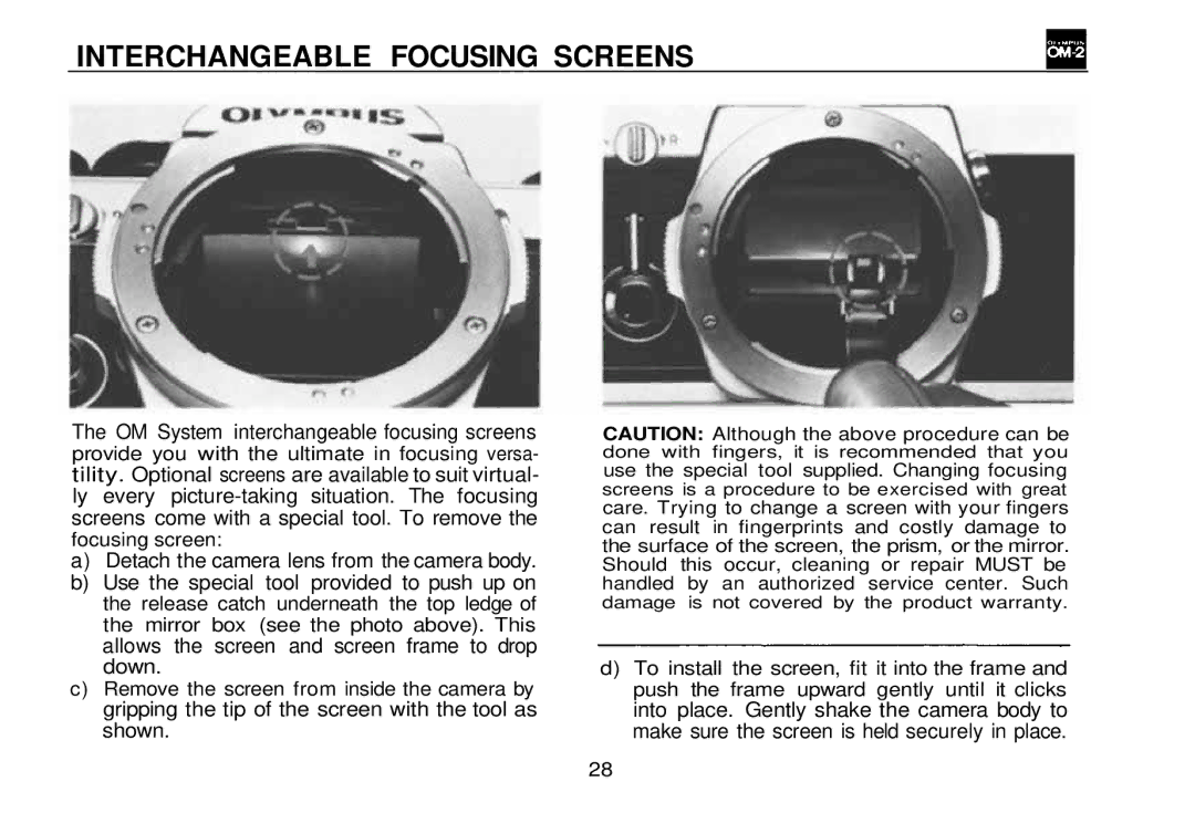 Olympus OM-2, zm2000qdk manual Interchangeable Focusing Screens 