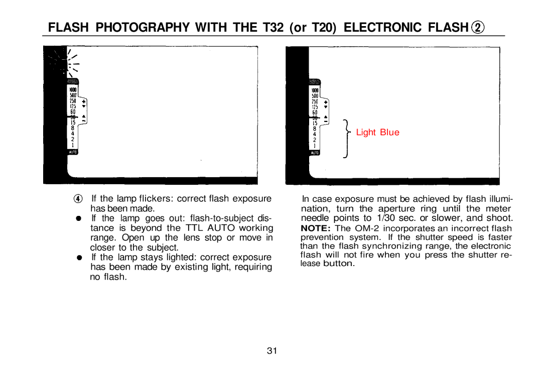 Olympus zm2000qdk, OM-2 manual Flash Photography with the T32 or T20 Electronic Flash 