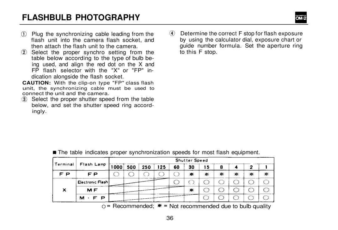 Olympus OM-2, zm2000qdk manual Flashbulb Photography 