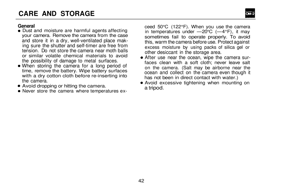 Olympus OM-2, zm2000qdk manual Care and Storage, General 