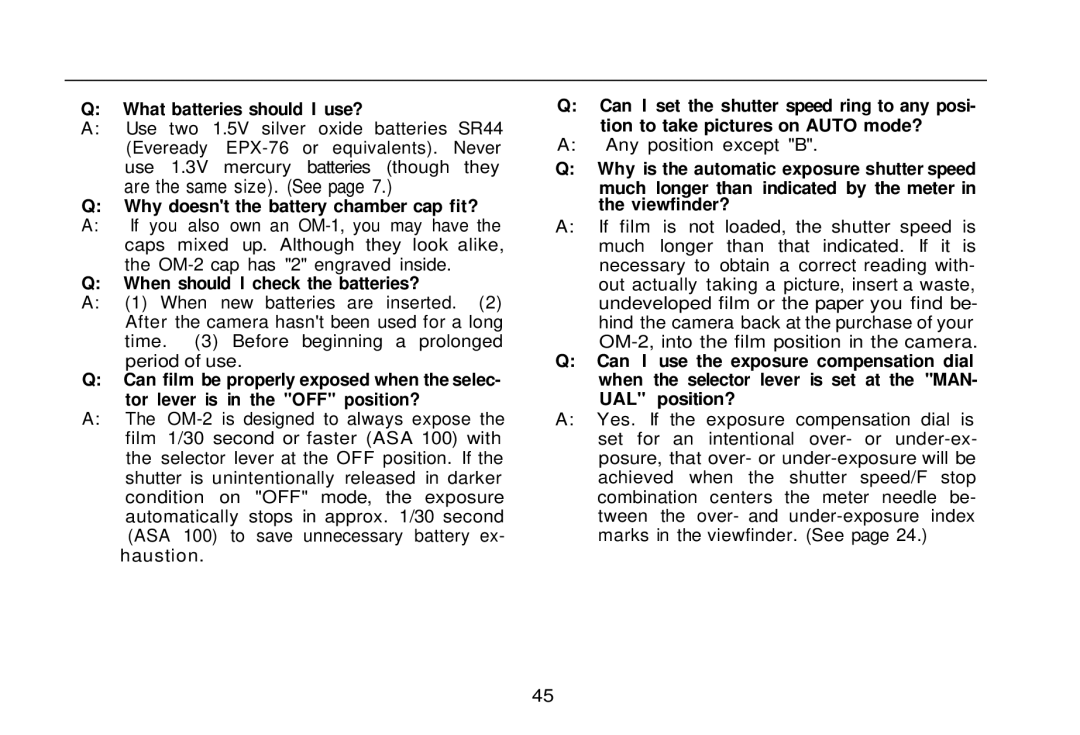 Olympus zm2000qdk, OM-2 manual What batteries should I use?, Why doesnt the battery chamber cap fit? 