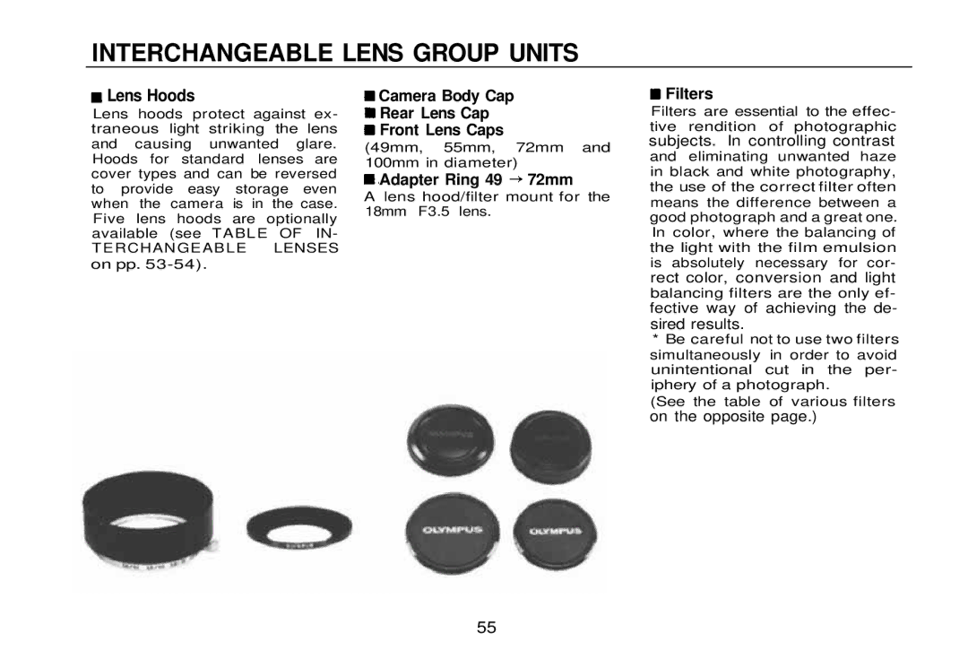 Olympus zm2000qdk Interchangeable Lens Group Units, Lens Hoods, Camera Body Cap Rear Lens Cap Front Lens Caps, Filters 