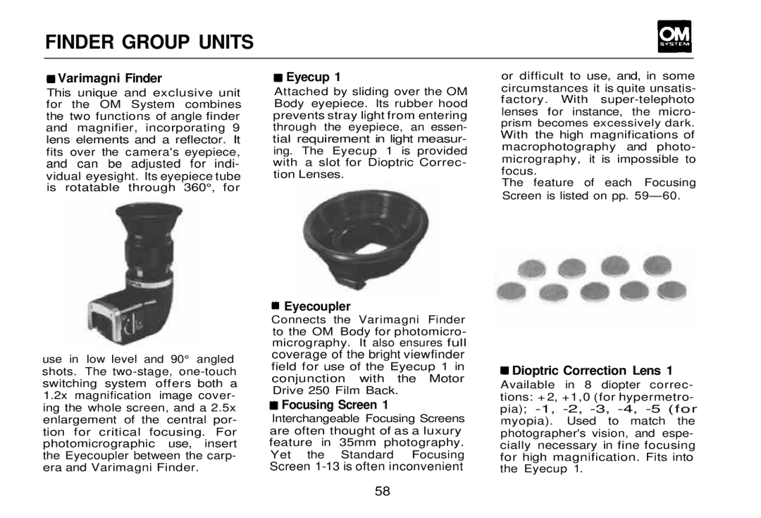 Olympus OM-2, zm2000qdk manual Finder Group Units 