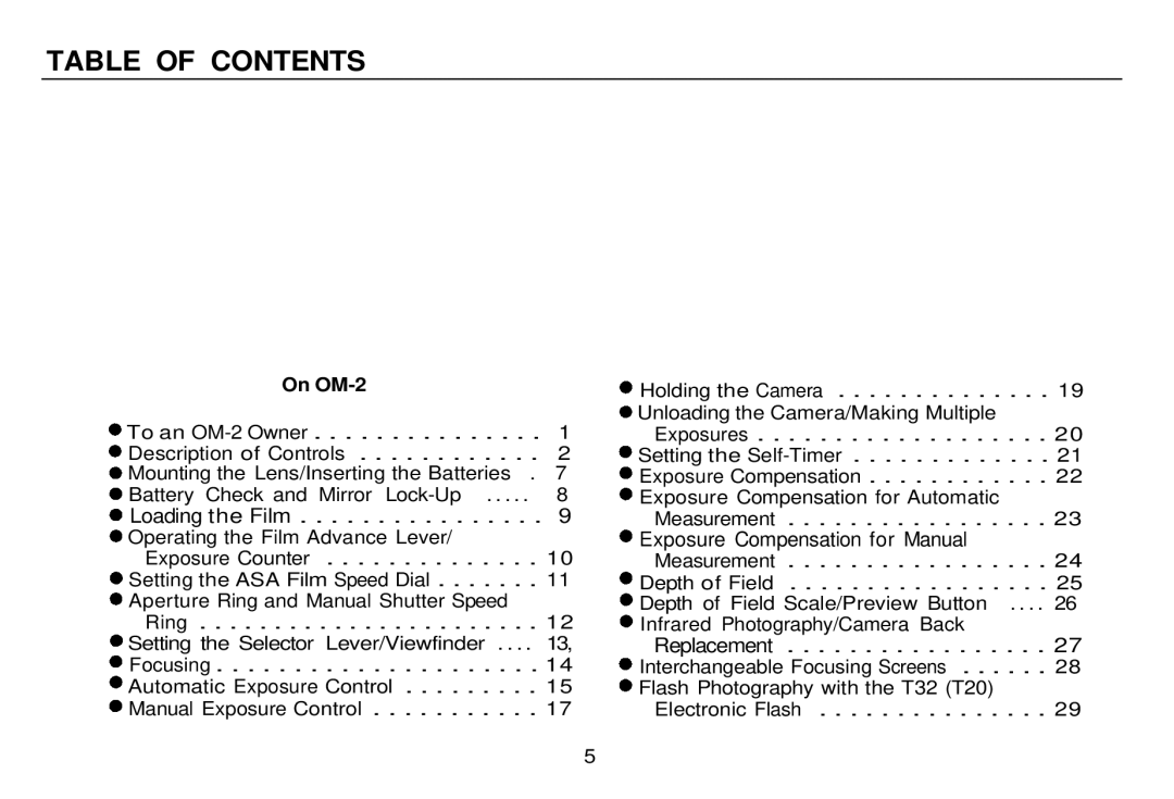 Olympus zm2000qdk, OM-2 manual Table of Contents 