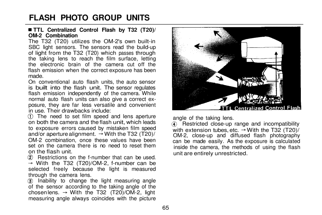 Olympus zm2000qdk manual TTL Centralized Control Flash by T32 T20/ OM-2 Combination 