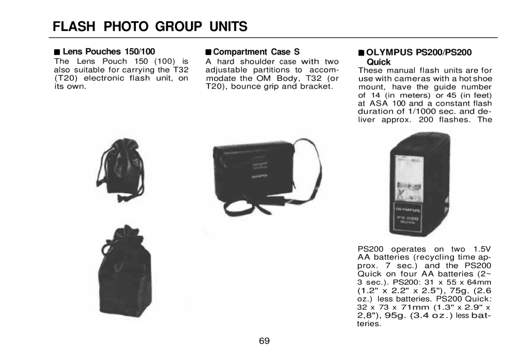 Olympus zm2000qdk, OM-2 manual Lens Pouches 150/100, Compartment Case S, Olympus PS200/PS200 Quick 