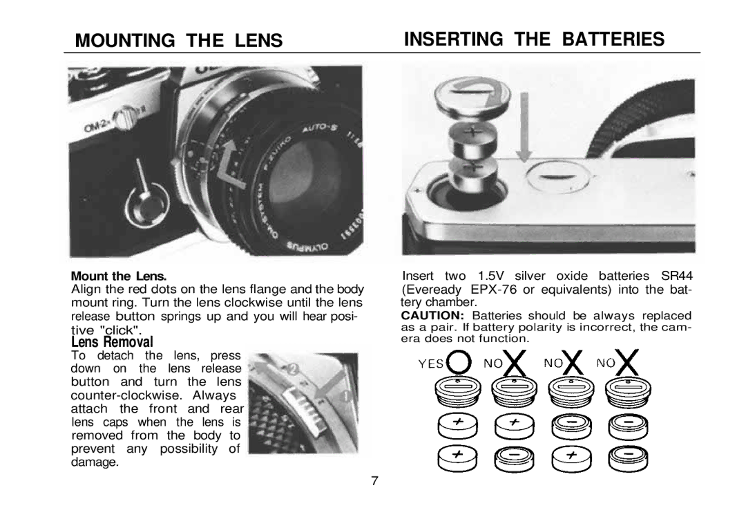 Olympus zm2000qdk, OM-2 manual Inserting the Batteries, Mounting the Lens, Mount the Lens 