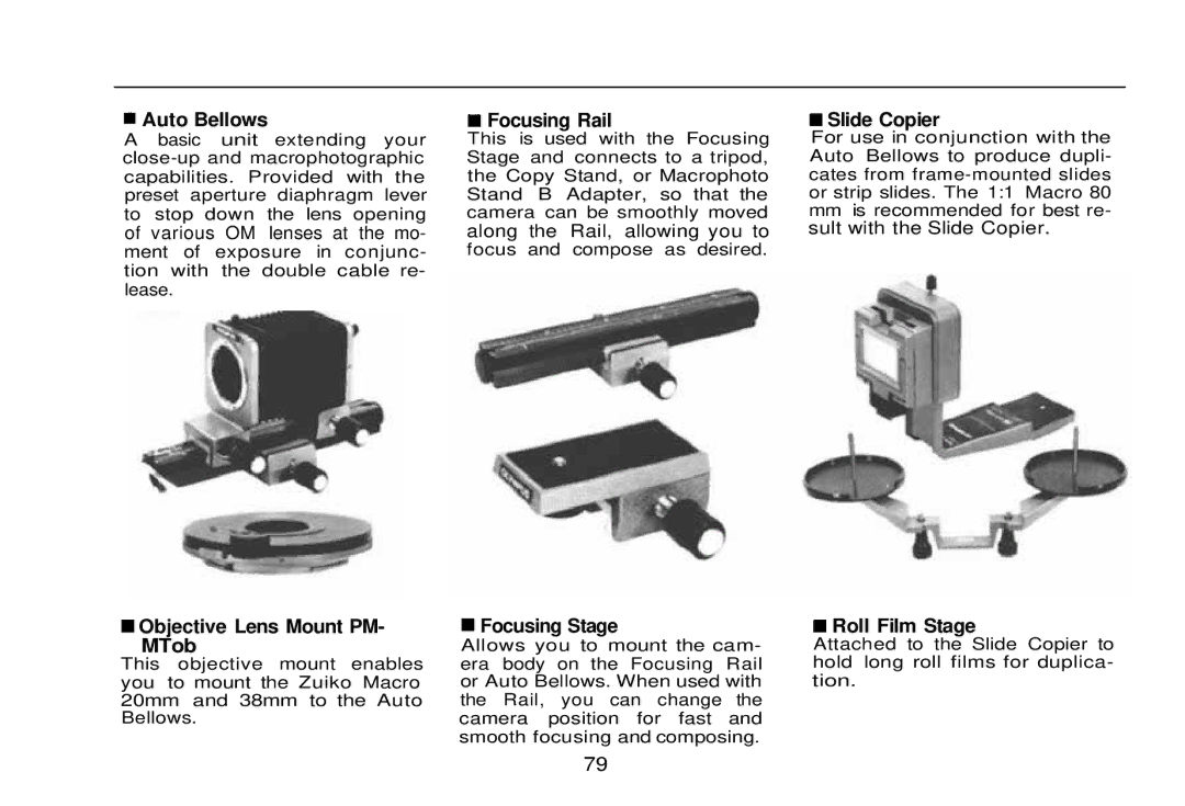 Olympus zm2000qdk, OM-2 manual Auto Bellows, Objective Lens Mount PM- MTob, Focusing Rail, Focusing Stage, Slide Copier 