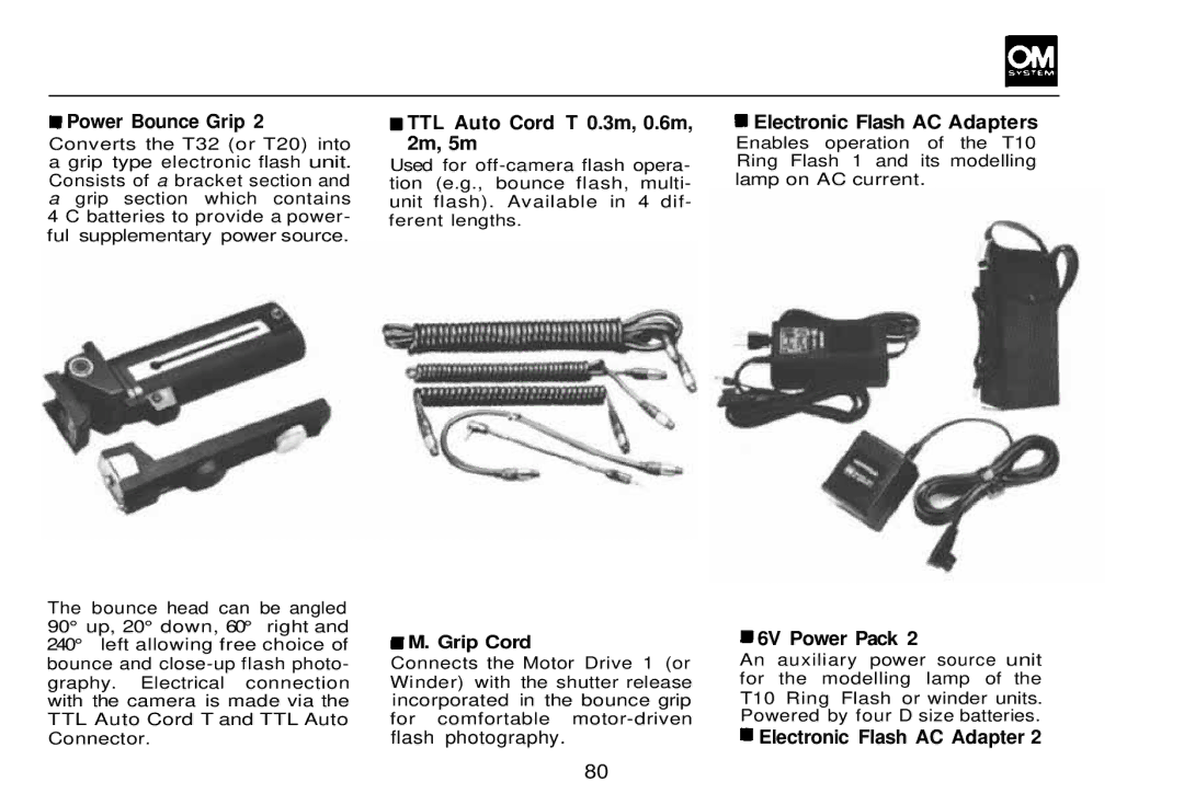 Olympus OM-2, zm2000qdk manual TTL Auto Cord T 0.3m, 0.6m, 2m, 5m, Grip Cord 