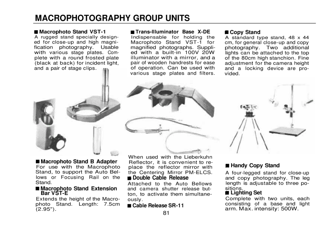 Olympus zm2000qdk Macrophoto Stand B Adapter, Macrophoto Stand Extension Bar VST-E, Double Cable Release, Handy Copy Stand 