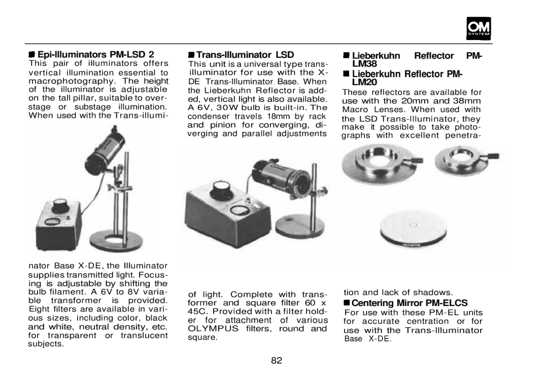 Olympus OM-2 Epi-llluminators PM-LSD, Trans-llluminator LSD, Lieberkuhn Reflector PM- LM38 LM20, Centering Mirror PM-ELCS 