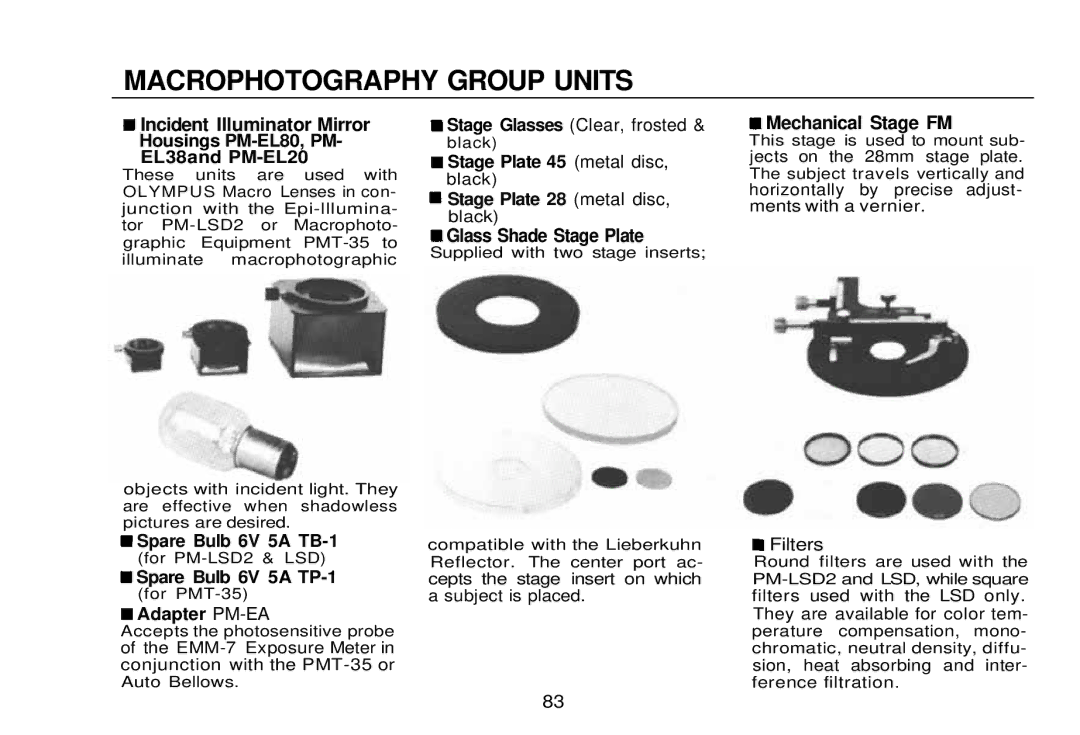 Olympus zm2000qdk, OM-2 manual Spare Bulb 6V 5A TB-1, Spare Bulb 6V 5A TP-1, Adapter PM-EA, Stage Plate 45 metal disc 