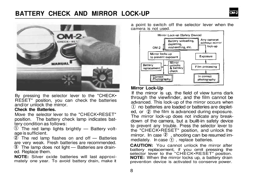 Olympus OM-2, zm2000qdk manual Battery Check and Mirror LOCK-UP, Check the Batteries, Mirror Lock-Up 