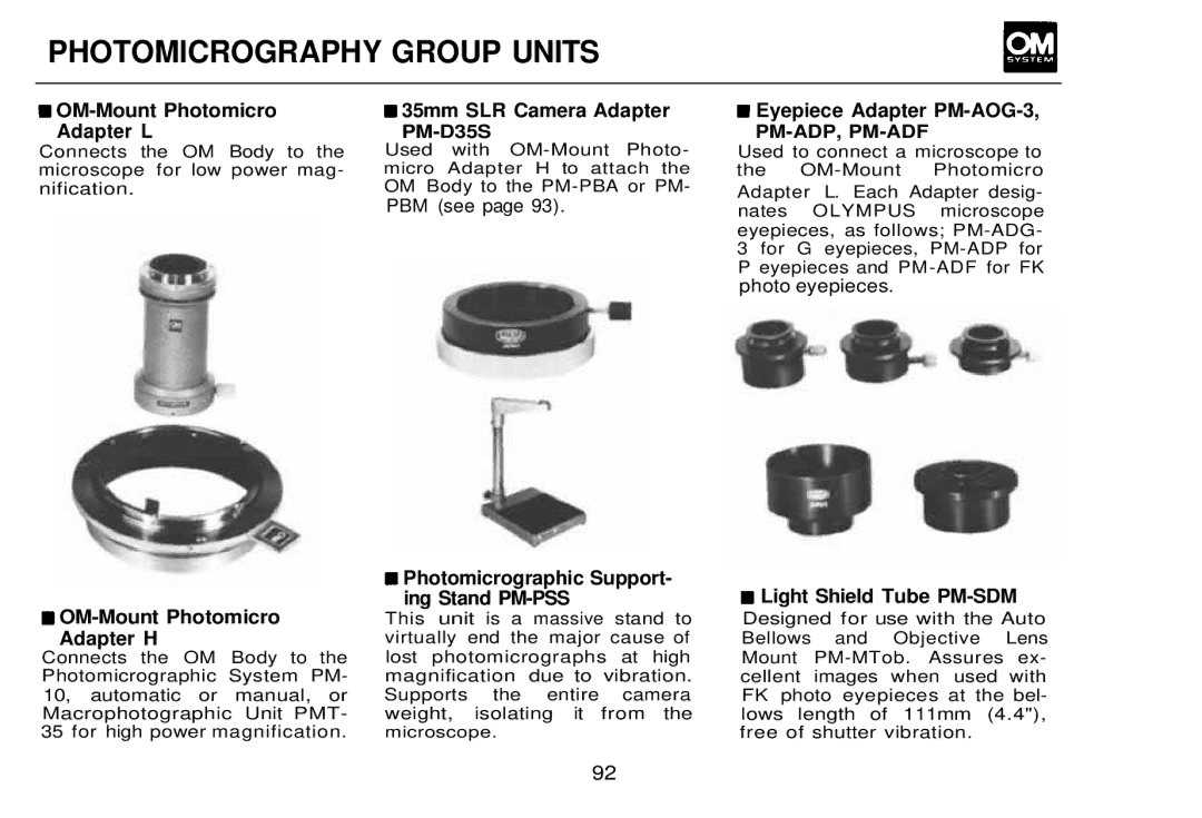 Olympus OM-2, zm2000qdk manual Photomicrography Group Units 