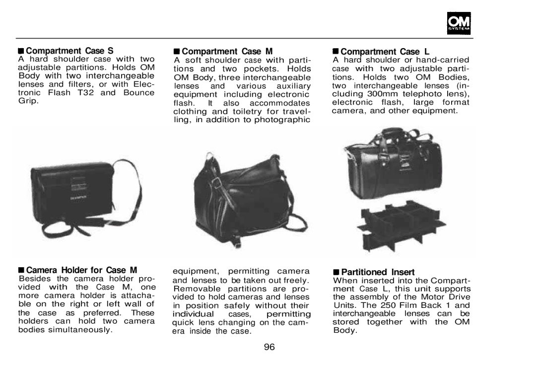 Olympus OM-2, zm2000qdk manual Camera Holder for Case M, Compartment Case M, Partitioned Insert 