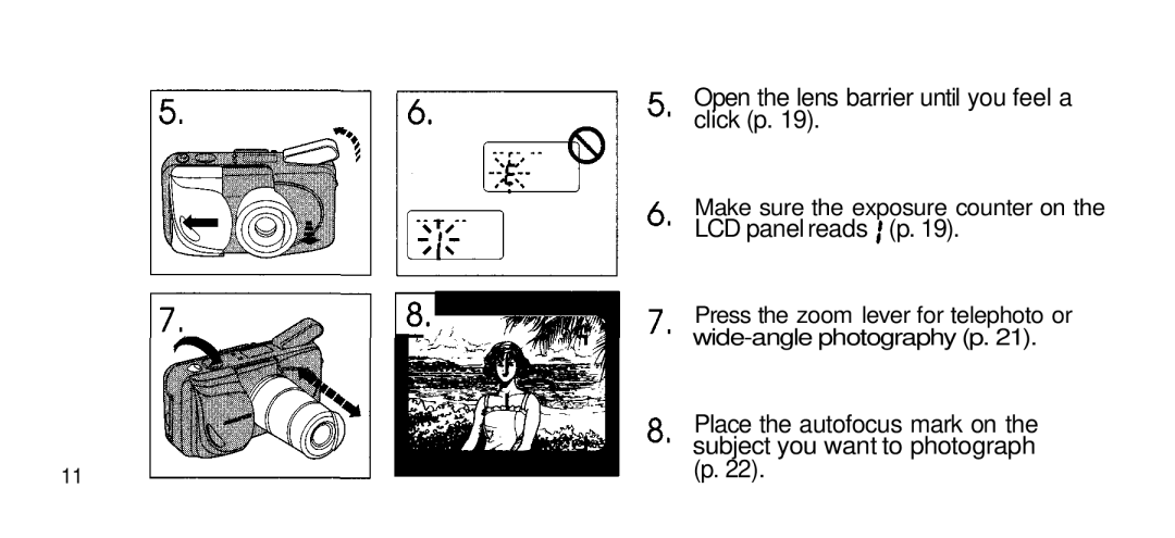 Olympus Zoom 80 Wide DIX manual Open the lens barrier until you feel a click p, LCD panel reads p 