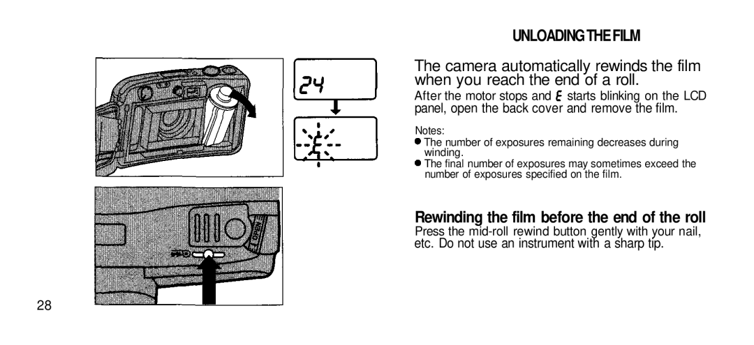 Olympus Zoom 80 Wide DIX manual Unloadingthefilm, Rewinding the film before the end of the roll 