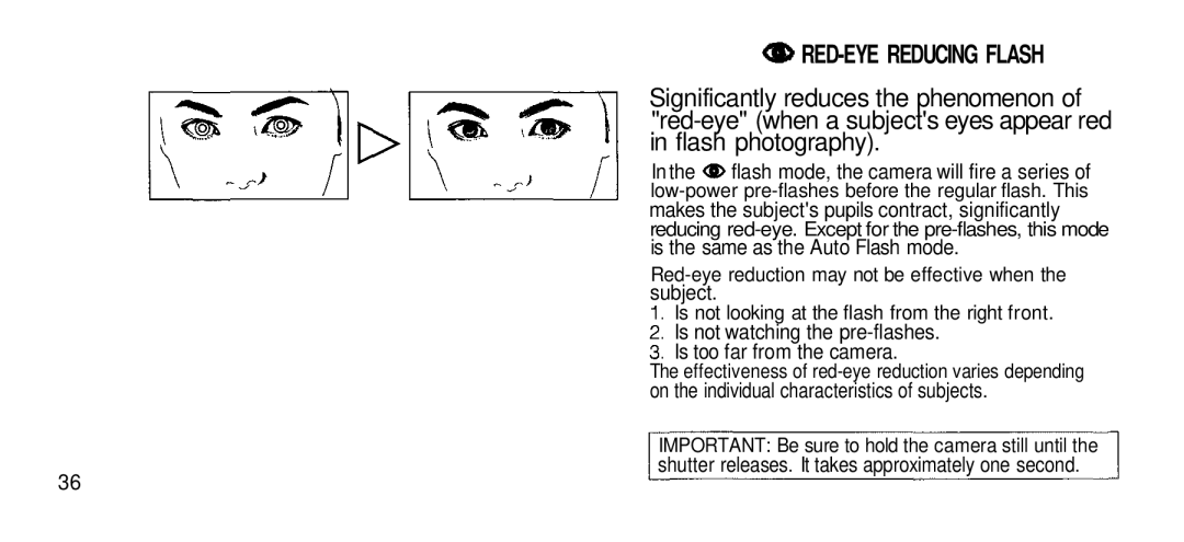 Olympus Zoom 80 Wide DIX manual RED-EYE Reducing Flash, Effectiveness of red-eye reduction varies depending 