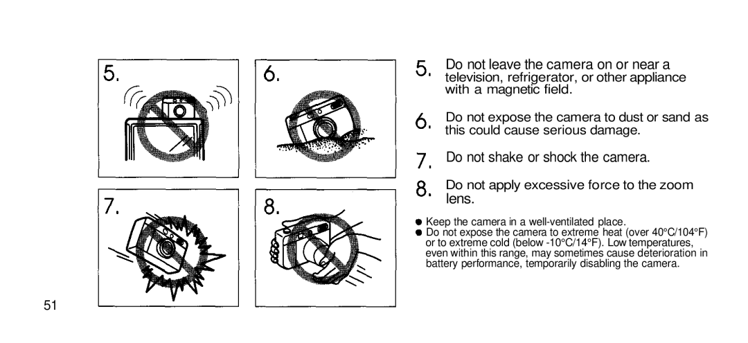 Olympus Zoom 80 Wide DIX manual Do not leave the camera on or near a, Do not shake or shock the camera, Lens 