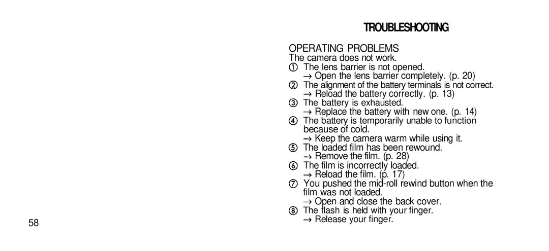 Olympus Zoom 80 Wide DIX manual Troubleshooting 