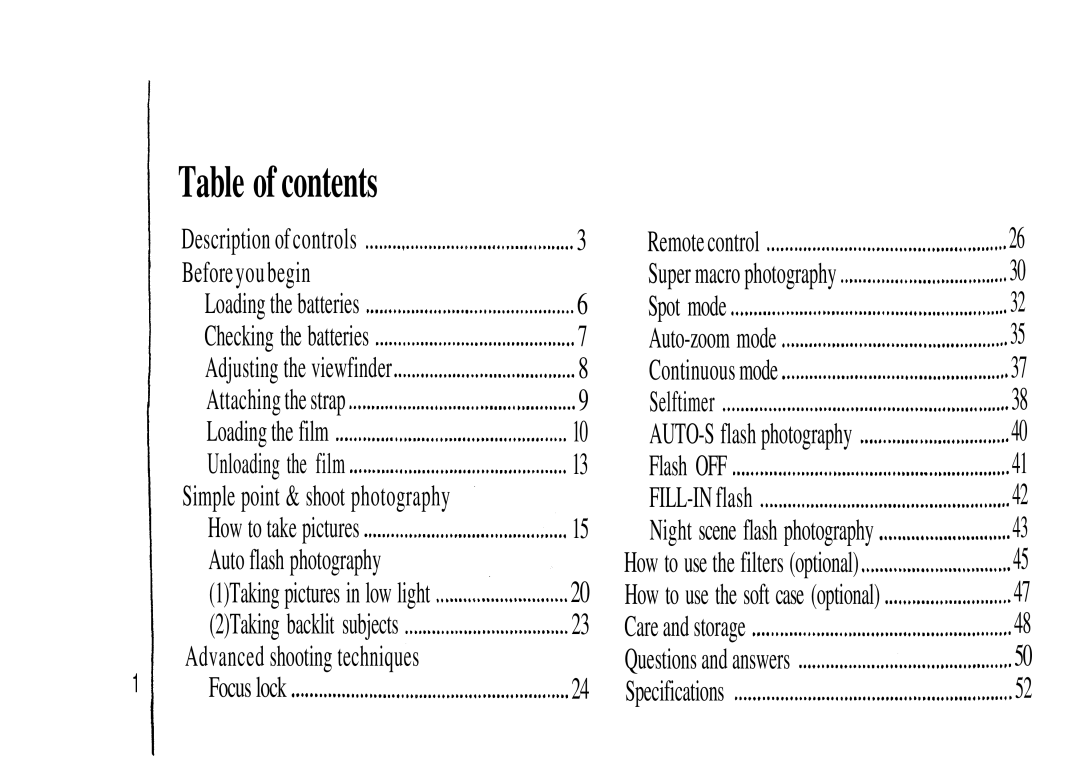 Olympus Zoom230 manual Table of contents 