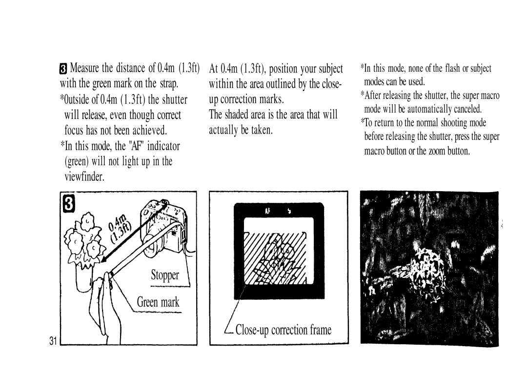 Olympus Zoom230 manual Stopper, Will release, even though correct, Green mark Close-up correction frame 