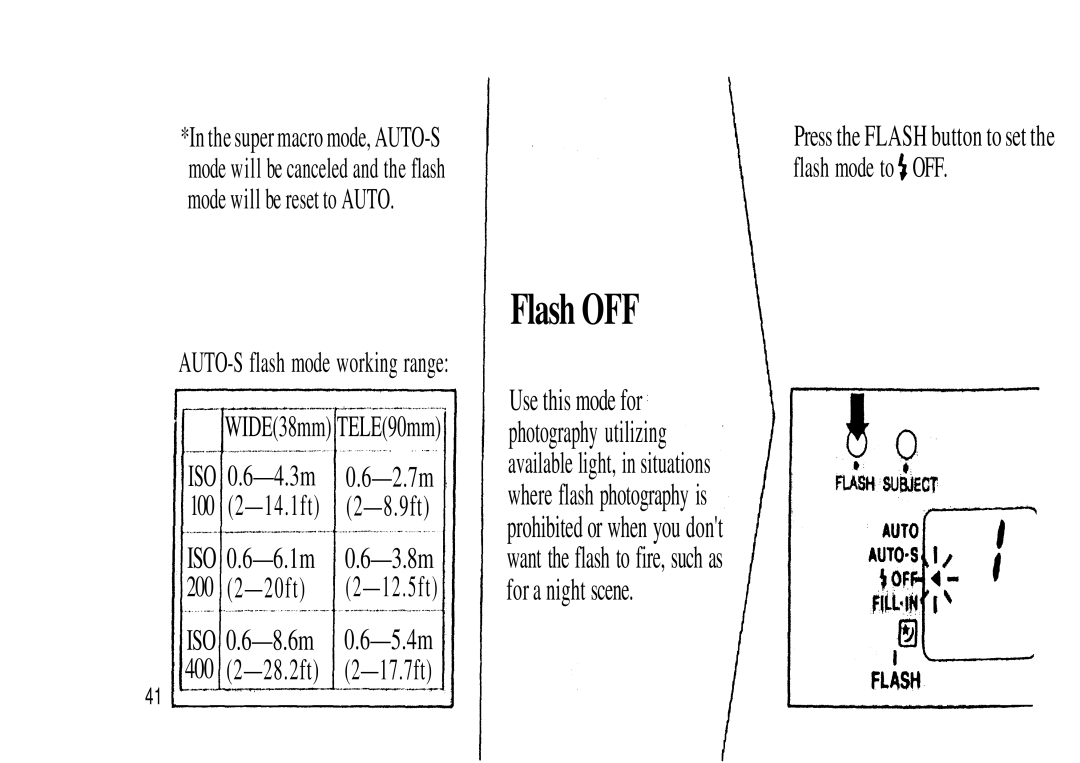 Olympus Zoom230 manual Press the Flash button to set, Use this mode for, Super macro mode, AUTO-S, WIDE38mm TELE90mm 