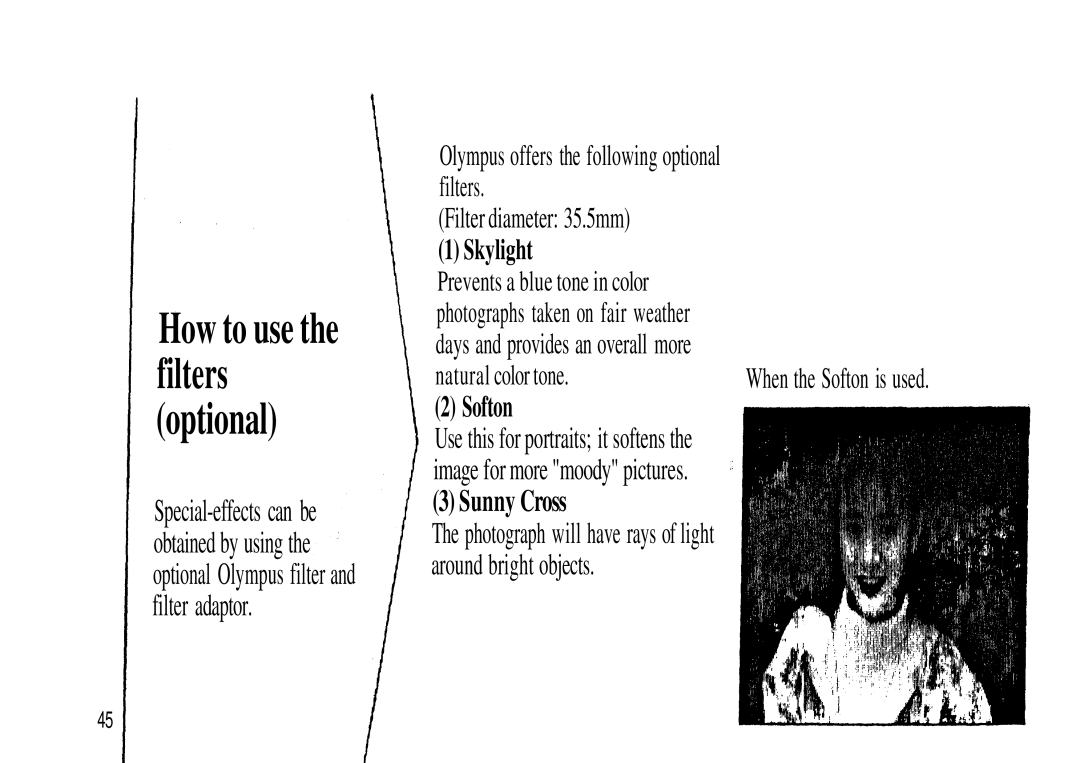 Olympus Zoom230 manual How to use the filters, Filter diameter 35.5mm 