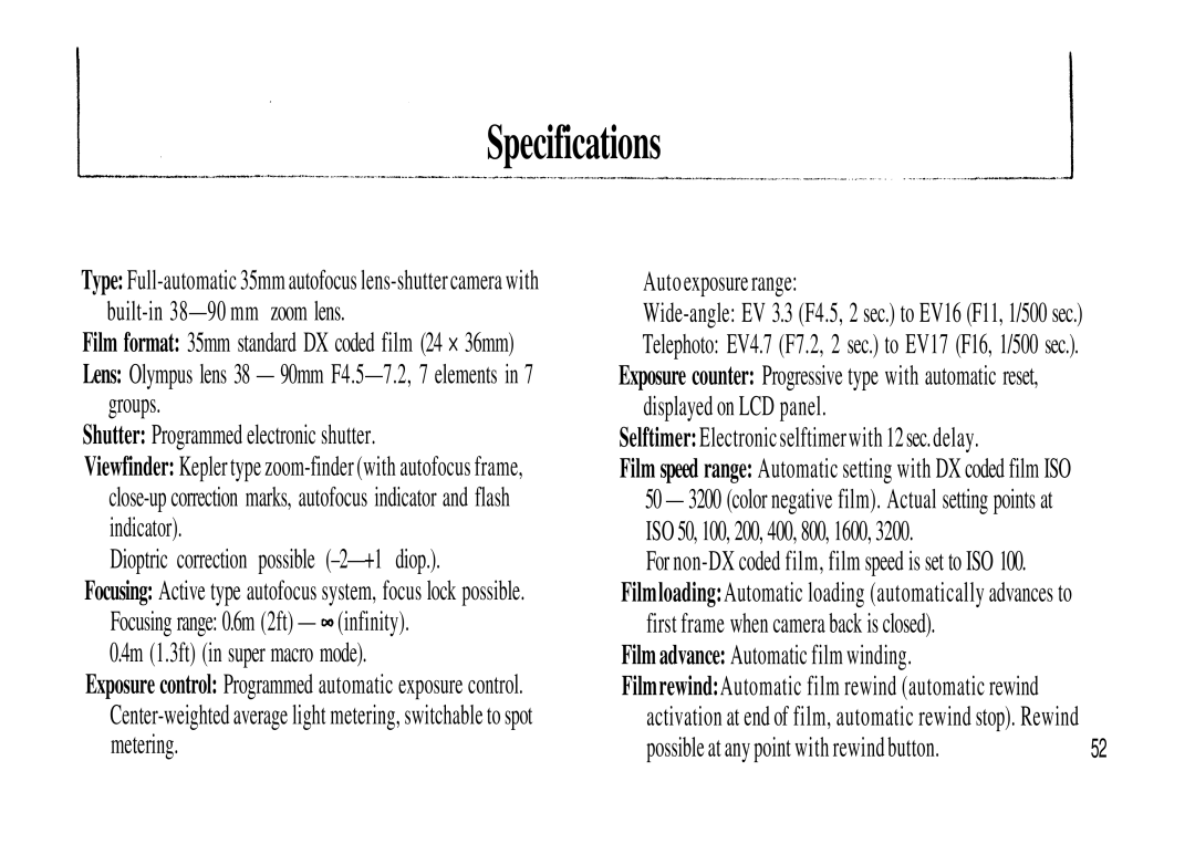 Olympus Zoom230 manual Specifications 