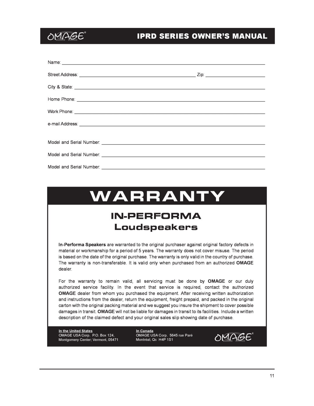Omage IPRD8 owner manual Warranty, IN-PERFORMA Loudspeakers 