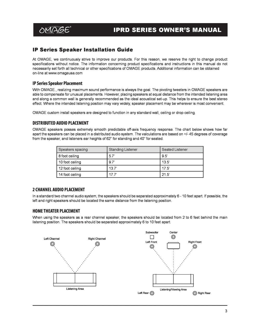 Omage IPRD8 owner manual IP Series Speaker Installation Guide, IP Series Speaker Placement, Distributed Audio Placement 